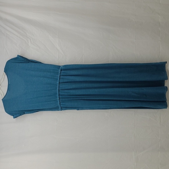 Long Maxi Dress Teal Blue Green Drawstring Tie Waist Short Sleeve Roll Up - Picture 4 of 6